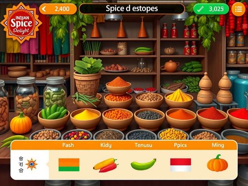 Indian Spice Delight game screenshot showing vibrant spice market